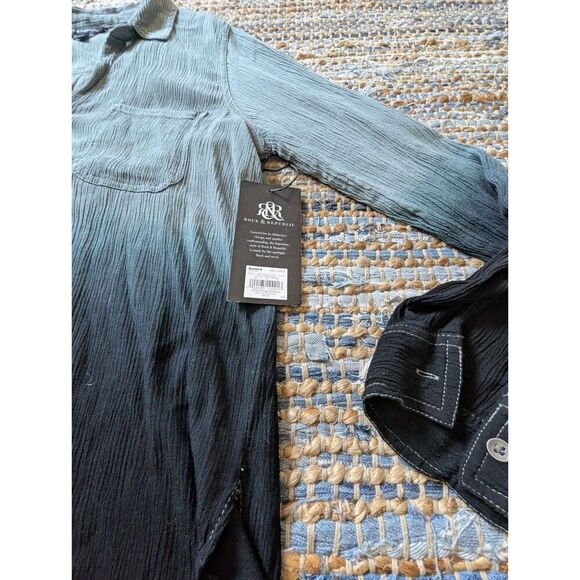 NWT Rock & Republic Ombré Button Up Shirt Blue L Dip Dye L/S Crinkle Sh - Picture 3 of 9
